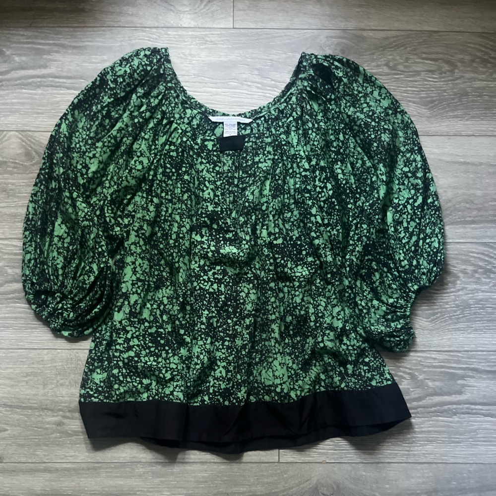 Diane Von Furstenberg Green Black Bubble Sleeve Silk Tunic Blouse Size S Career